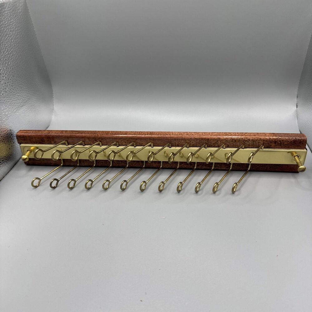 Vtg Tie Scarf Belt Closet Rack Hanger Holder Wall Mount Organizer Wood Brass